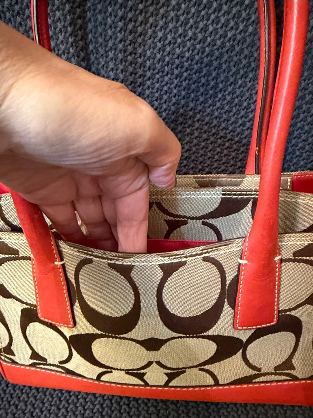 Coach Beige Signature Satchel with Coral Leather Trim and Coral Scarf